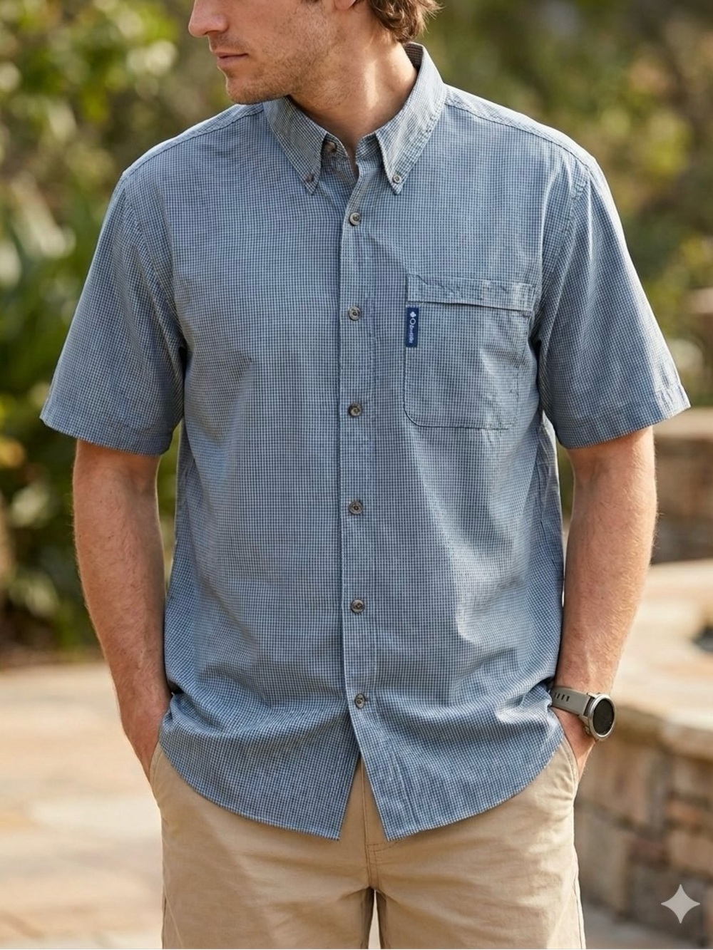 Columbia Men's Medium Blue White Micro Check Cotton Short Sleeve Shirt